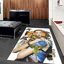 Portre ve Kuş Desenli Dijital Baskılı Halı