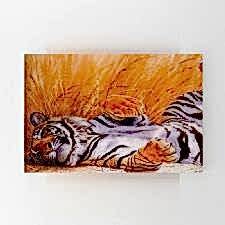 Kuru Otlar Arasında Yatan Kaplan Yağlı Boya Tablosu 