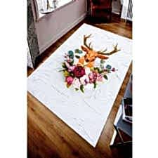 Çiçek Çerçevesindeki Geyik Başı Dijital Baskılı Halı