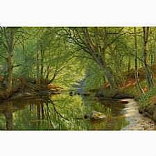 Peder Mork Monsted - Sunset Over a Forest Lake Tablosu