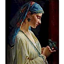 Papağan ile Genç Kadın Kanvas Tablosu