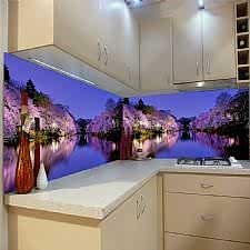 Pembe Ağaçlar ve Nehir Manzaralı Tezgah Arası Cam Panel